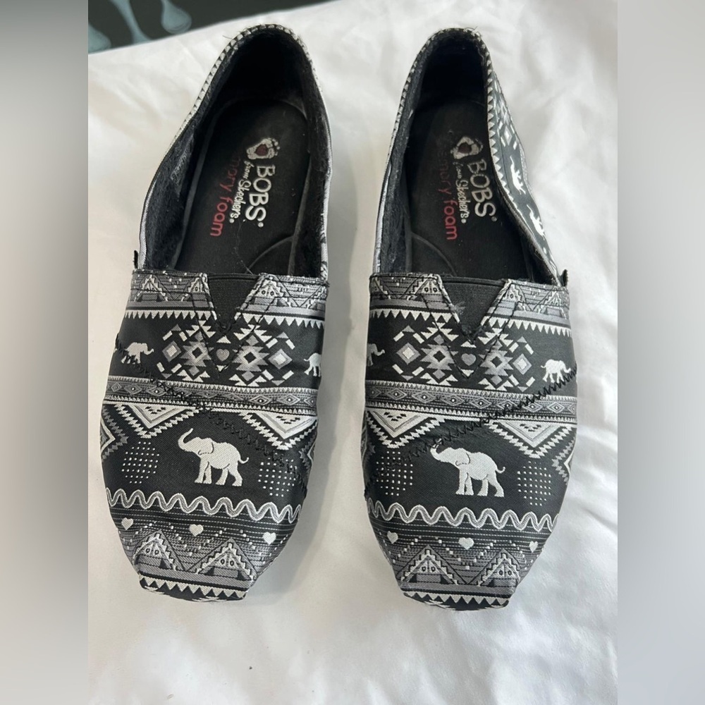 BOBS Black and White Patterned Slip-On Shoes
